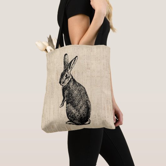Antiek konijnenillustratie Bunny Art met script Tote Bag (Dichtbij)