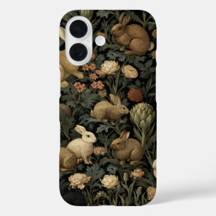 Antiek konijnpatroon in boslandschap donkere botan iPhone 16 hoesje