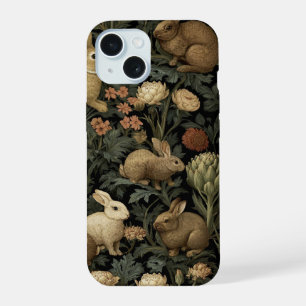 Antiek konijnpatroon in boslandschap donkere botan iPhone 15 case