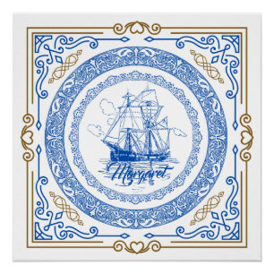 antiek koninklijk blauw schip decoratief aan de g perfect poster