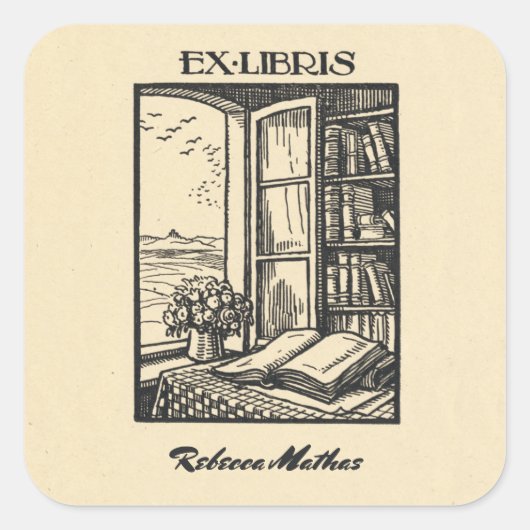 Antiek kookplaat Etching Henri Bacher Ex Libris Vierkante Sticker (Voorkant)