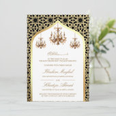 Antiek kroonluchter zwart gouden moslim bruiloft kaart (Staand voorkant)