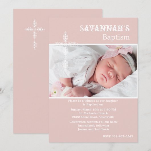 Antiek Kruis Blush Foto Religieuze Uitnodiging (Voorkant / Achterkant)