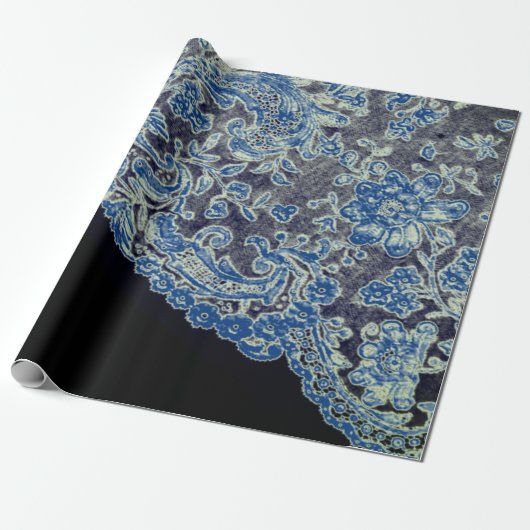 ANTIEK LACE BLACK EN BLAUW GIFT-opvulpapier Cadeaupapier (Uitgerold)