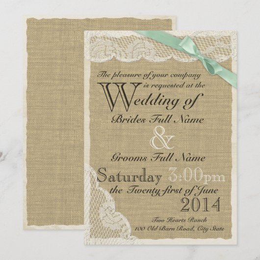 Antiek Lace en Mint Bow Country Wedding Kaart (Voorkant / Achterkant)