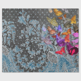 ANTIEK LACE GIFT-WRAP MET BUTTERFLIES IN BLAUW CADEAUPAPIER