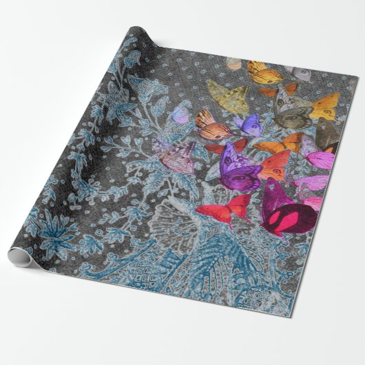 ANTIEK LACE GIFT-WRAP MET BUTTERFLIES IN BLAUW CADEAUPAPIER (Uitgerold)