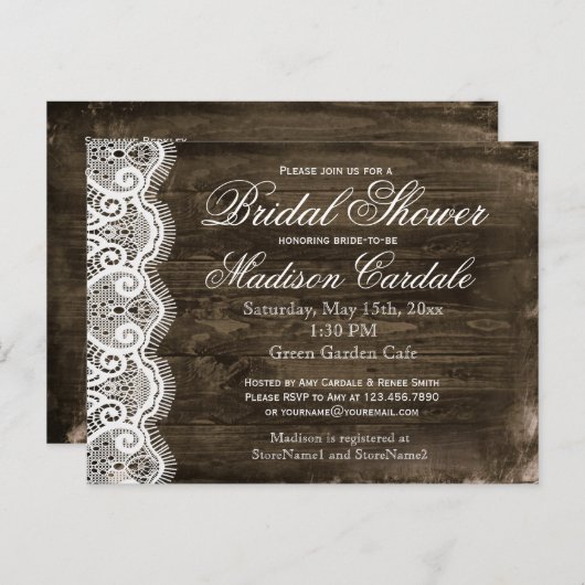 Antiek Lace Rustic Vrijgezellenfeest nodigt Briefk Uitnodiging Briefkaart (Voorkant / Achterkant)