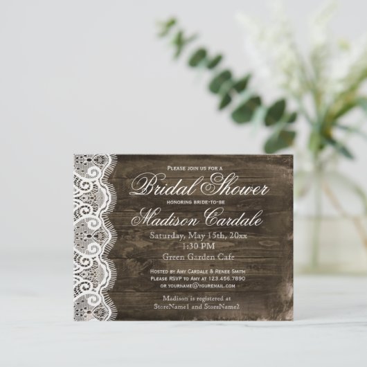 Antiek Lace Rustic Vrijgezellenfeest nodigt Briefk Uitnodiging Briefkaart (Staand voorkant)