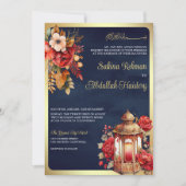 Antiek lantaarn rode bloemenmarine moslim bruiloft kaart (Voorkant)