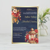 Antiek lantaarn rode bloemenmarine moslim bruiloft kaart (Staand voorkant)