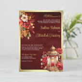 Antiek lantaarn rode bloemenmoslim bruiloft kaart (Staand voorkant)