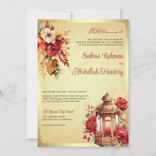 Antiek lantaarn rood bloemig  moslim bruiloft kaart (Voorkant)