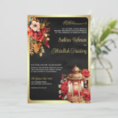 Antiek lantaarn rood bloemig zwart moslim bruiloft kaart (Staand voorkant)