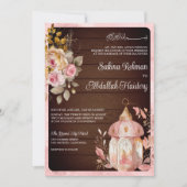 Antiek lantaarn roze bloemhout moslim bruiloft kaart (Voorkant)