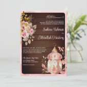 Antiek lantaarn roze bloemhout moslim bruiloft kaart (Staand voorkant)
