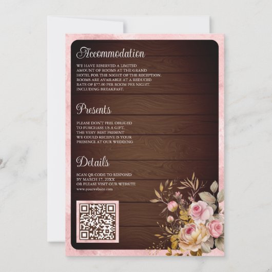 Antiek lantaarn roze bloemhout moslim bruiloft kaart (Achterkant)