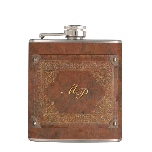 Antiek leder Kijk uit met Initialen Heupfles (Voorkant)