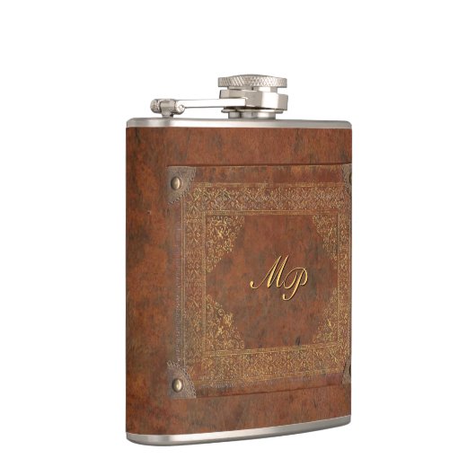 Antiek leder Kijk uit met Initialen Heupfles (Rechts)