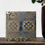 Antiek  legant koper en blauw mozaïek tegeltje<br><div class="desc">Een elegant decoratief ontwerp voor tegel met een naadloos patroon van ornamenten in koperschoppen op een blauwe ondergrond met nood.</div>