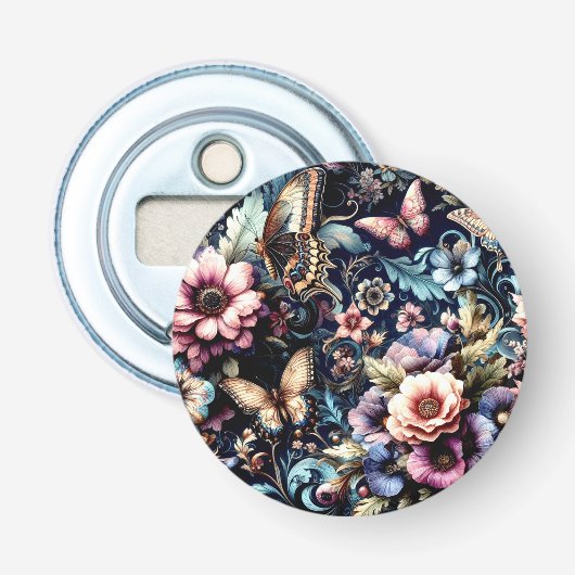 Antiek lentebloemen en vlinders button flesopener (Voorkant)
