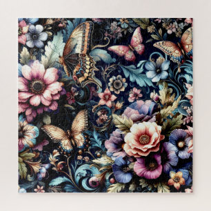 Antiek lentebloemen en vlinders legpuzzel