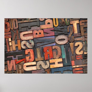 antiek letterdruk en blokken met kleurinktpatroon poster