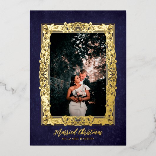 Antiek Lijst Blauwe kerstfoto Folie Feestdagenkaart (Voorkant)