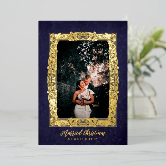 Antiek Lijst Blauwe kerstfoto Folie Feestdagenkaart (Staand Voorkant)