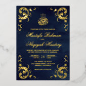 Antiek Lijst Navy Blauw Islamitisch Bruiloftsgoud Folie Uitnodiging (Voorkant)