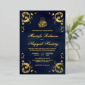 Antiek Lijst Navy Blauw Islamitisch Bruiloftsgoud Folie Uitnodiging (Staand Voorkant)