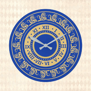 Antiek look Deep Blue en Gold Medieval Numbers Grote Klok