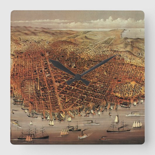 Antiek luchtkaart van San Francisco, Californië Vierkante Klok (Voorkant)
