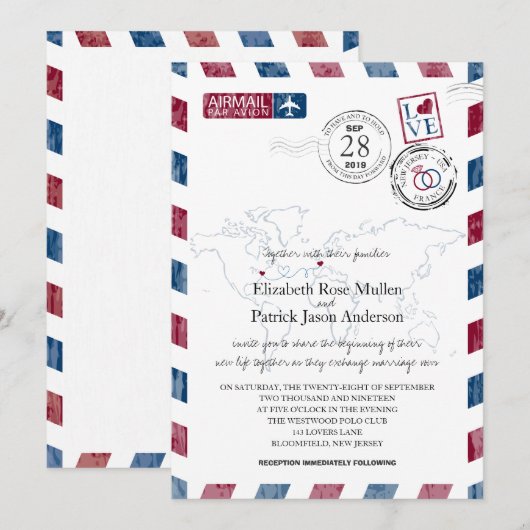 Antiek luchtpost New Jersey en Frankrijk | Bruilof Kaart (Voorkant / Achterkant)