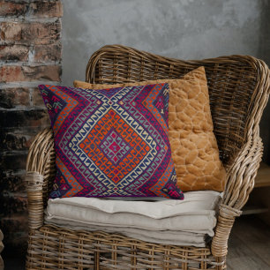 Antiek  Magenta Oranje Turkse Kilim Tapijt Kussen