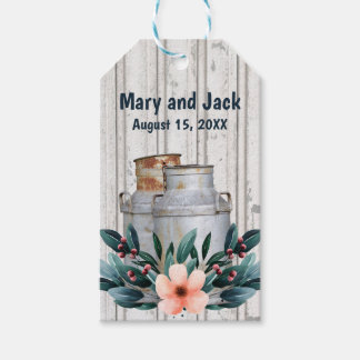 Antiek melkblikken Rustic Monogram Weddenschap Met Cadeaulabel