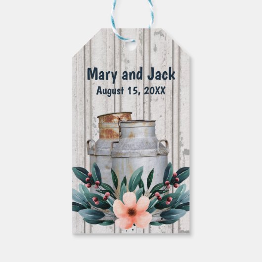 Antiek melkblikken Rustic Monogram Weddenschap Met Cadeaulabel (Achterkant)