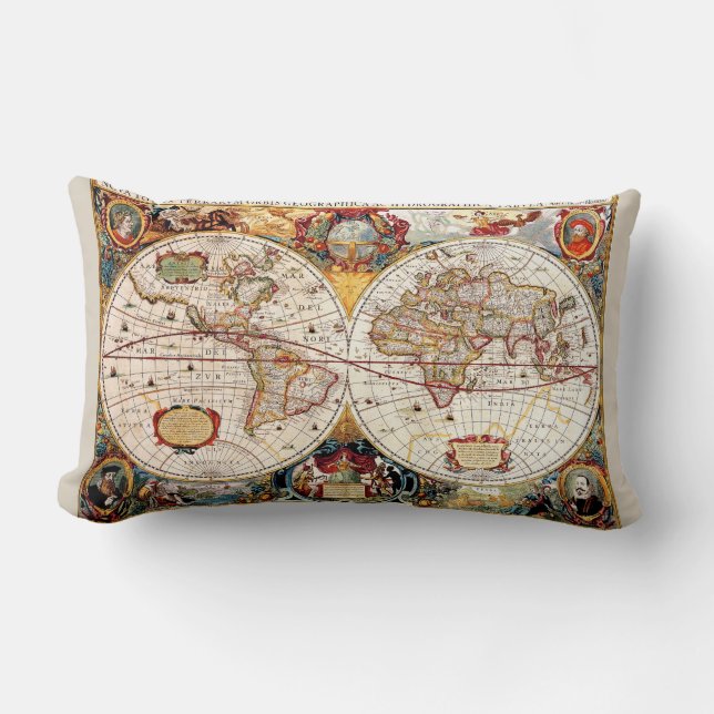 Antiek middeleeuwse, historische Wereldkaart Nova  Kussen (Voorkant)