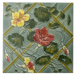 Antiek Minton Floral Trellis Majolica Tile Repro Tegeltje