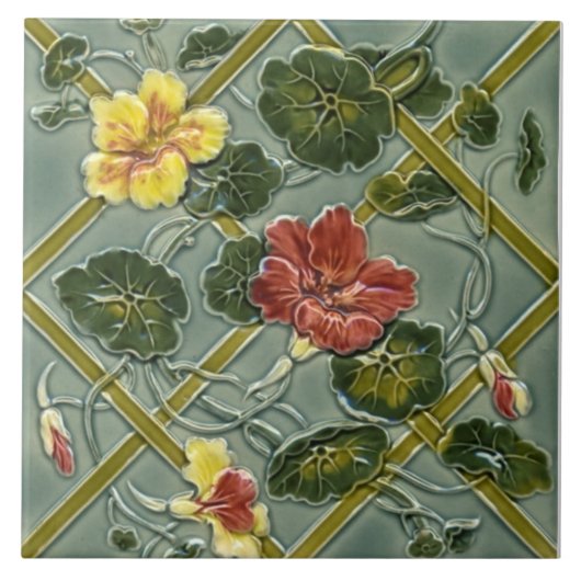 Antiek Minton Floral Trellis Majolica Tile Repro Tegeltje (Voorkant)