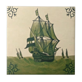 Antiek Minton Hollins Delft Boat Tile #3 Repro Tegeltje