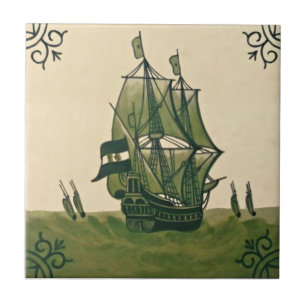 Antiek Minton Hollins Delft Boat Tile #3 Repro Tegeltje