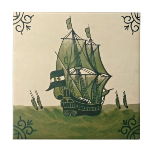 Antiek Minton Hollins Delft Boat Tile #3 Repro Tegeltje (Voorkant)