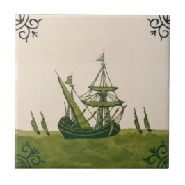 Antiek Minton Hollins Delft Boat Tile #4 Repro Tegeltje