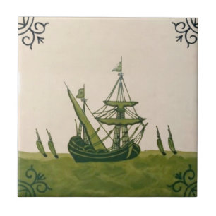 Antiek Minton Hollins Delft Boat Tile #4 Repro Tegeltje
