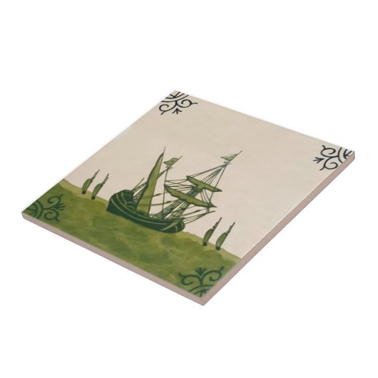 Antiek Minton Hollins Delft Boat Tile #4 Repro Tegeltje (Zijkant)