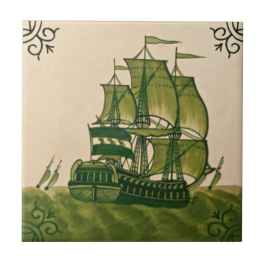 Antiek Minton Hollins Delft Ship Tile #2 Repro Tegeltje (Voorkant)