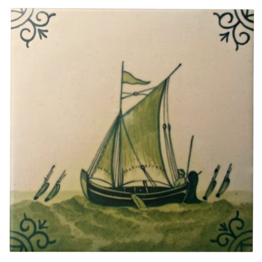 Antiek Minton Hollins Sailboat Ship Tile #1 Repro Tegeltje (Voorkant)