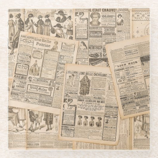 Antiek Mode: krant Adverteren pagina's Glazen Onderzetter (Voorkant)