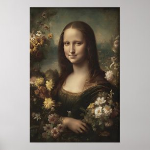 Antiek Mona Lisa-portretprint, bloemendecoratie Poster